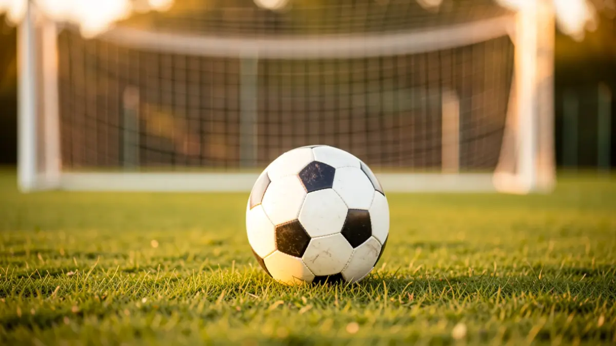 Imaxe xenérica dun balón de fútbol sobre herba cunha portería difuminada ao fondo.