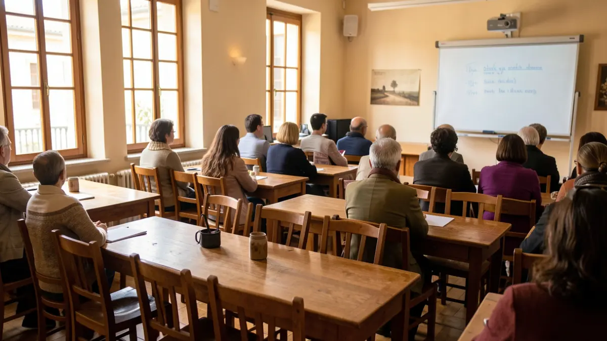 Imaxe xenérica dunha sala de cultura galega con mobiliario e unha lousa.