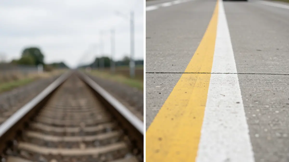 Imaxe xenérica de vías de tren e unha estrada.