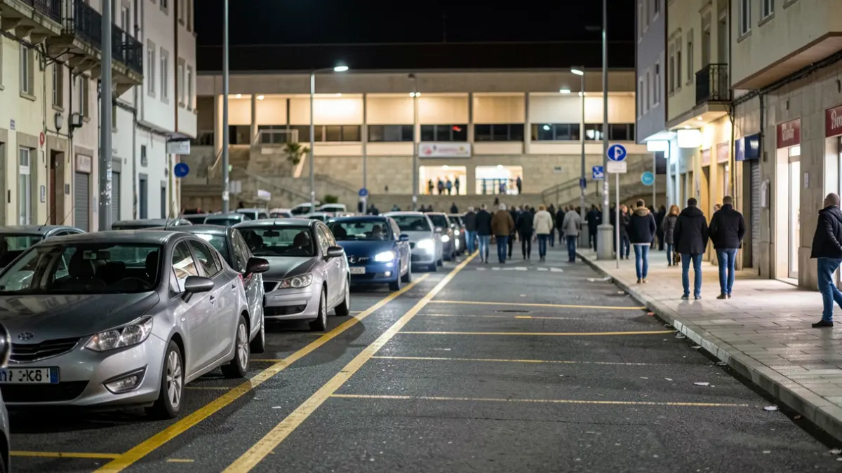 Imaxe dunha rúa en Monte Alto, A Coruña, pola noite, con moitos coches mal aparcados e poucas prazas libres.