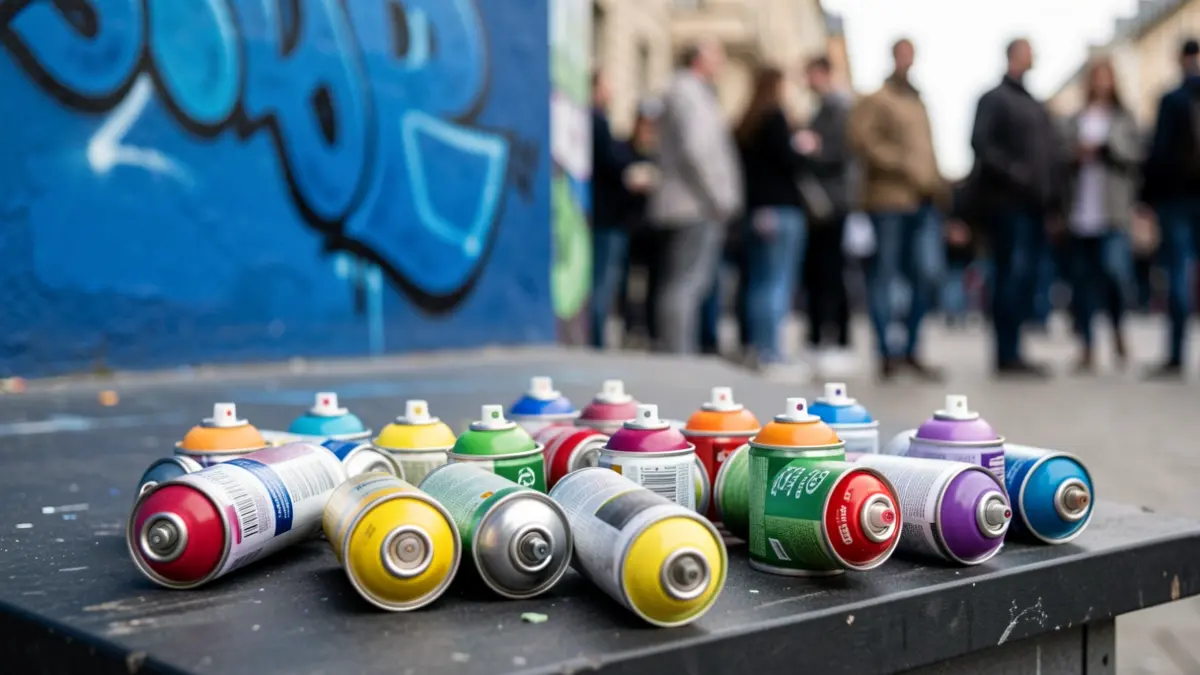 Primer plano de latas de espray de pintura de varios colores, algunas abiertas, esparcidas sobre una superficie oscura. Al fondo, una pared pintada de azul desenfocada con elementos de grafiti.