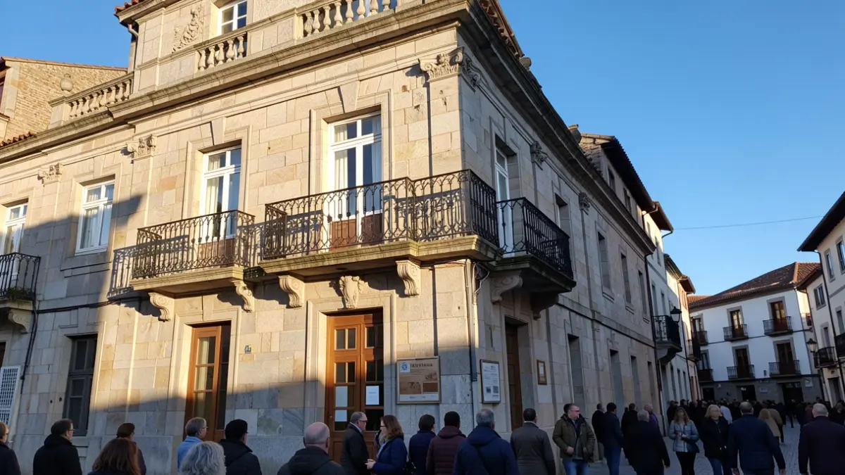 Imaxe xenérica dun concello galego de granito con balcón e raís de ferro, á luz do sol da tarde.