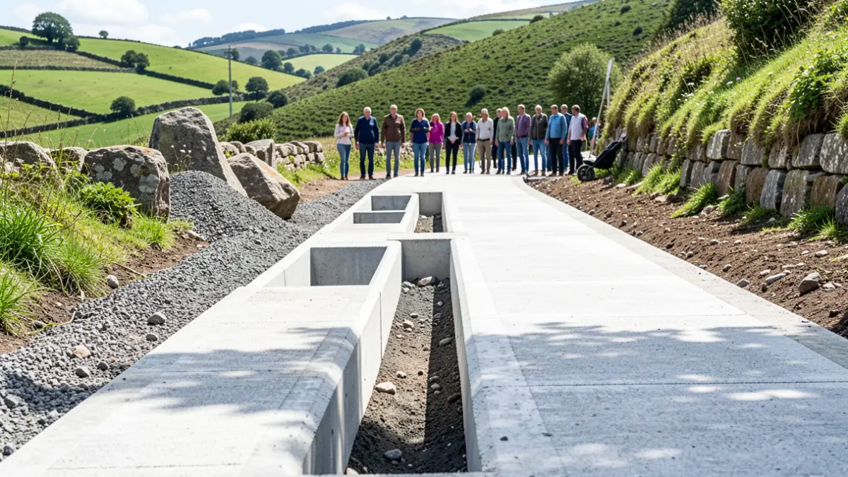 Imagen genérica de obras de pavimentación y drenaje en un camino rural gallego.