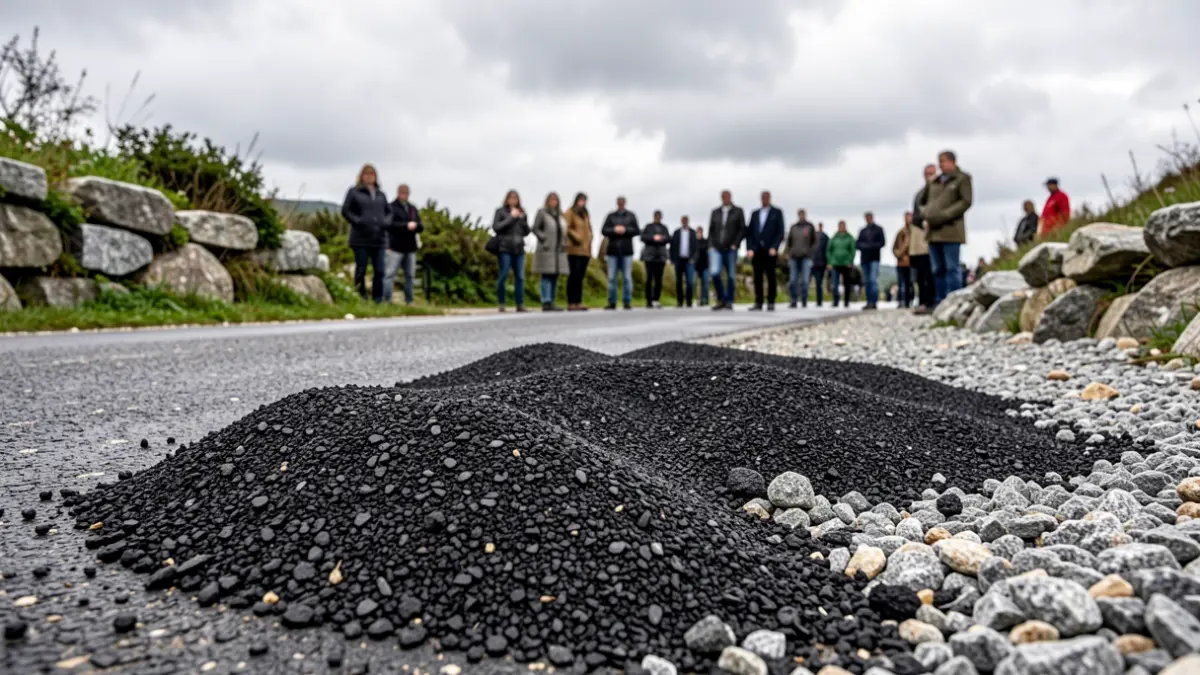 Imaxe xenérica de materiais de construción como asfalto e grava nunha estrada rural de Galicia, con pedras de granito e vexetación verde ao fondo, baixo un ceo nubrado.