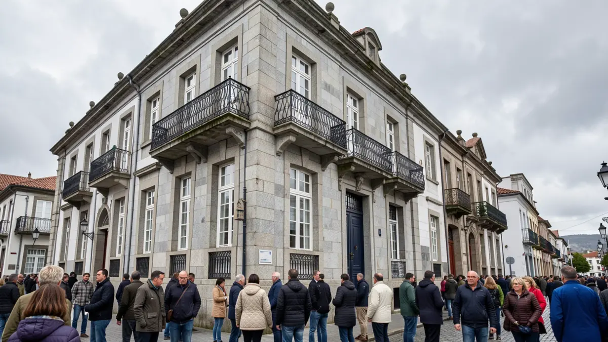 Imagen genérica de un edificio institucional de granito gallego bajo un cielo nublado.