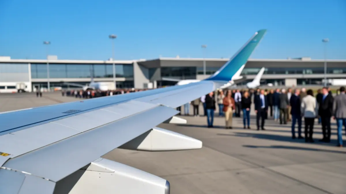 Imagen genérica de un ala de avión moderna con el aeropuerto al fondo.