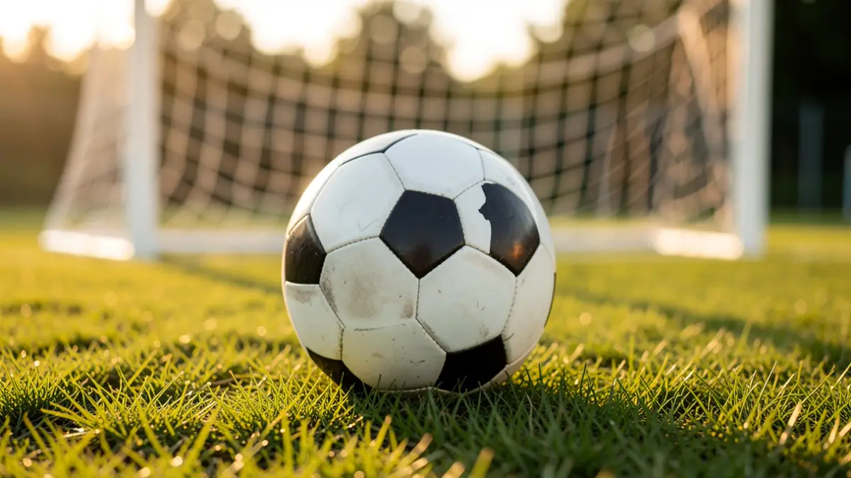 Imaxe xenérica de balón de fútbol sobre herba con rede de meta desenfocada.