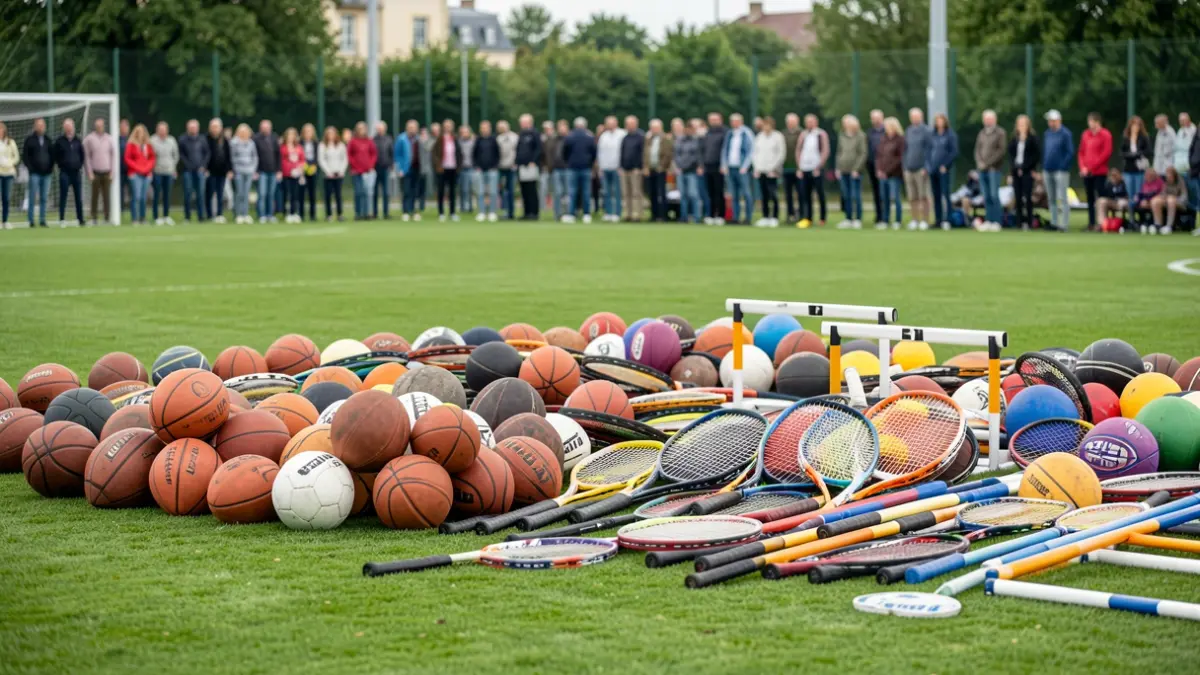 Imagen genérica de diverso material deportivo sobre un campo de hierba.