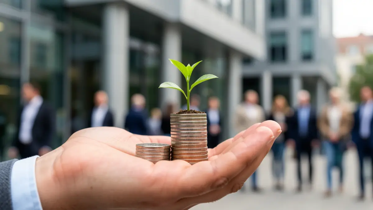 Primeira imaxe dunha man sostendo moedas e unha planta, simbolizando o crecemento.