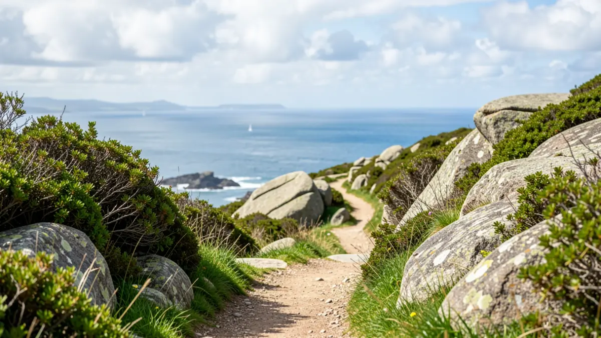 Imaxe xenérica dun sendeiro costeiro en Galicia con rochas de granito e vexetación verde, con vistas ao mar.