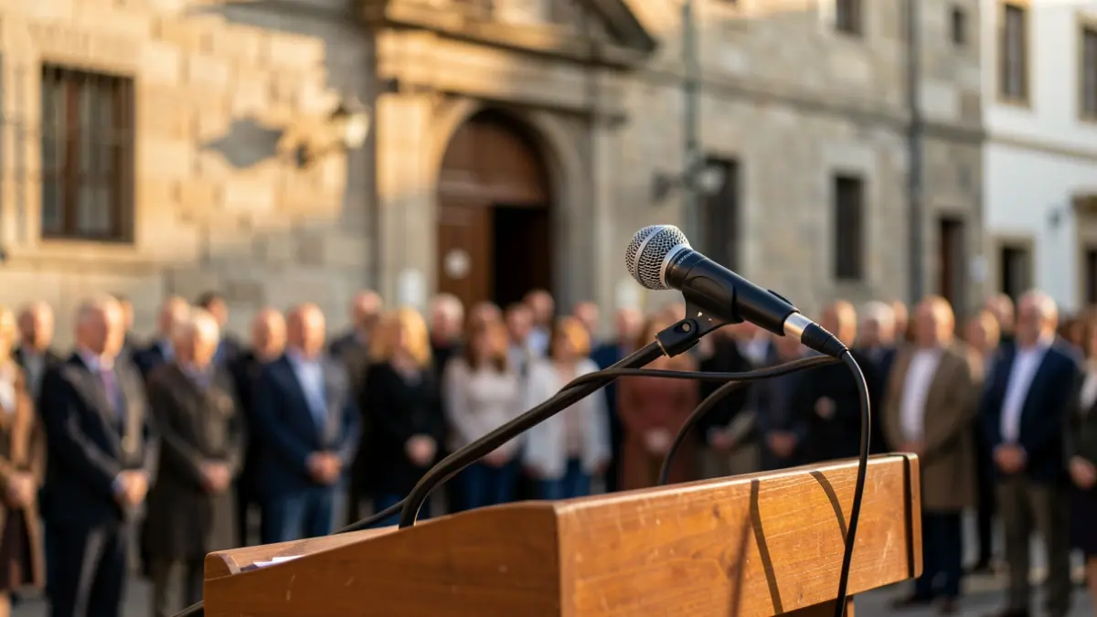 Imagen genérica de un micrófono en un atril delante de un ayuntamiento gallego.