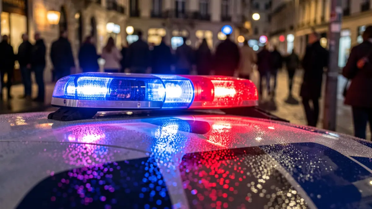 Imagen genérica de luces de emergencia policiales reflejadas en asfalto mojado por la noche.