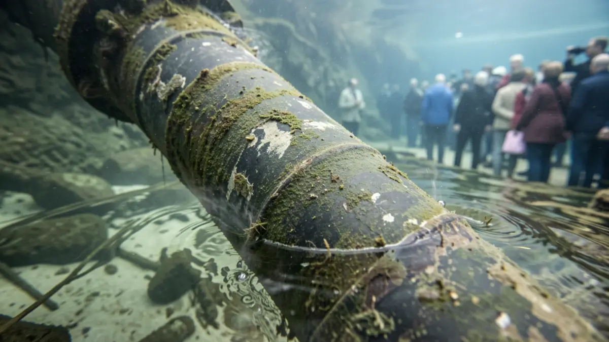 Imagen de una tubería submarina con signos de desgaste y una pequeña fuga de agua.