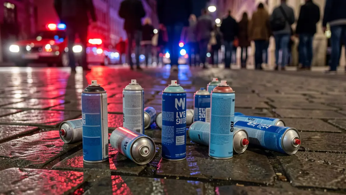 Primer plano de latas de pintura en spray de color azul sobre pavimento mojado, con luces de emergencia rojas y azules reflejándose al fondo.