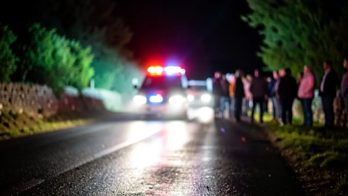 Imagen genérica de luces de emergencia reflejadas en una carretera mojada por la noche.