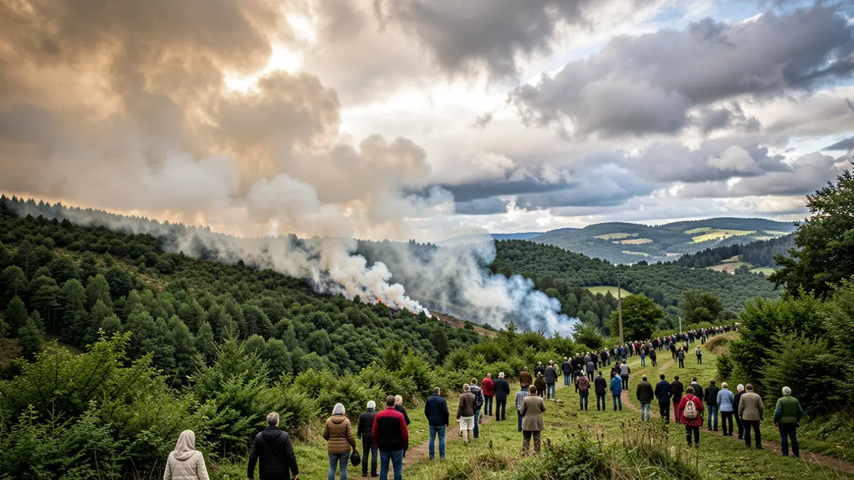 Imagen genérica de incendio forestal en Galicia con humo en una ladera verde.