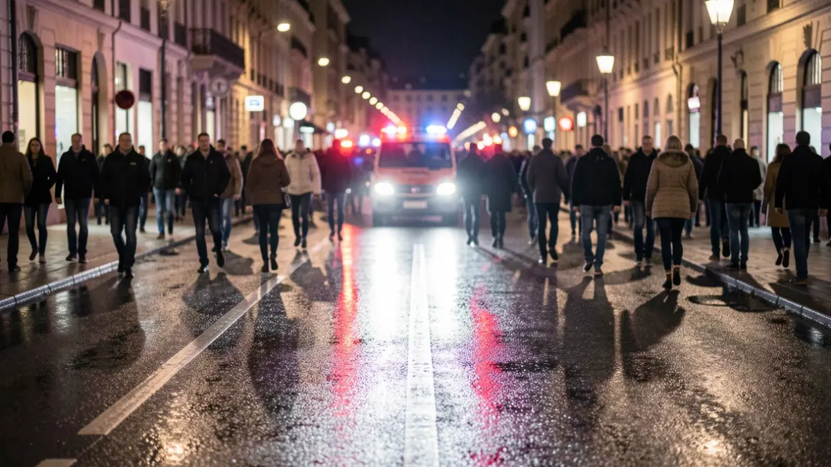 Imagen genérica de luces de emergencia reflejando en una carretera mojada por la noche.