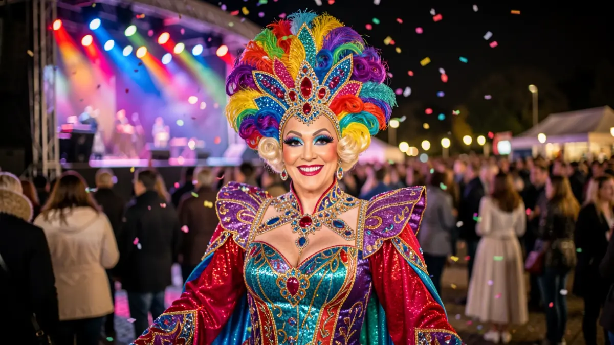 Imaxe xenérica de traxe de drag queen con detalles de fantasía e confeti.