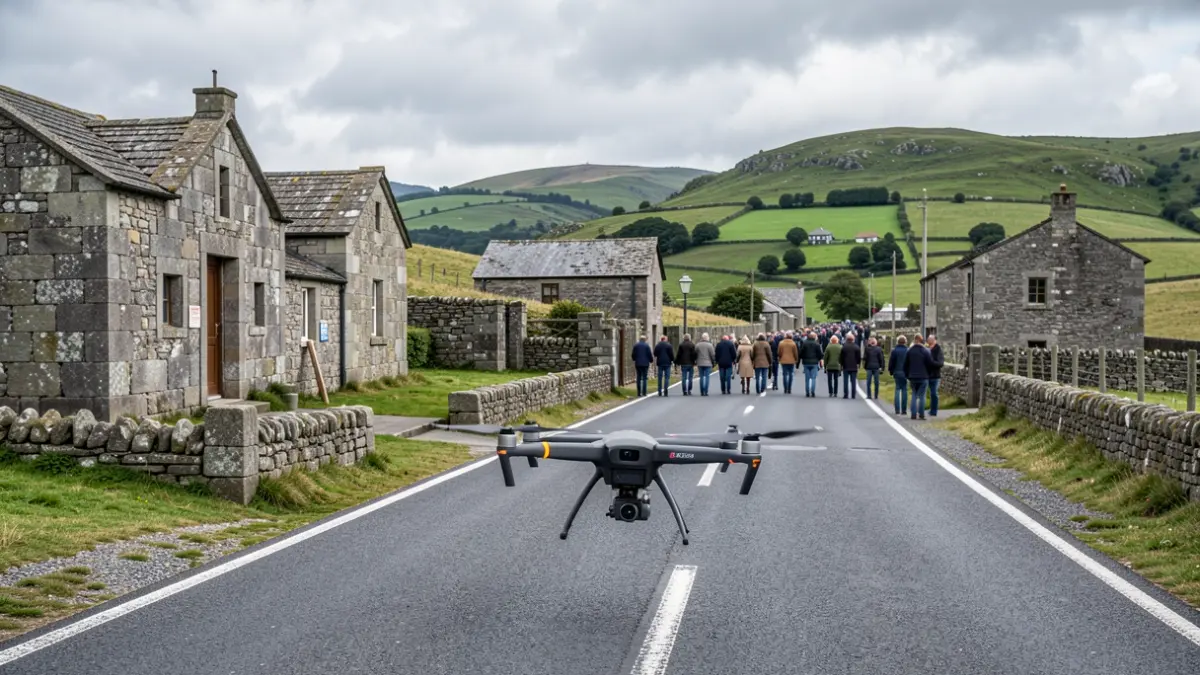 Imagen de un dron sobrevolando una carretera gallega para inspeccionar su estado.