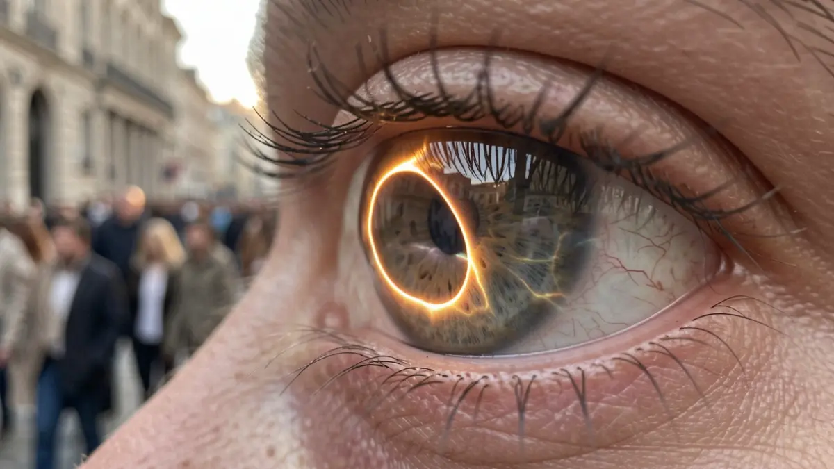 Primer plano de un ojo humano reflejando el sol durante un eclipse, con signos de tensión en el iris.