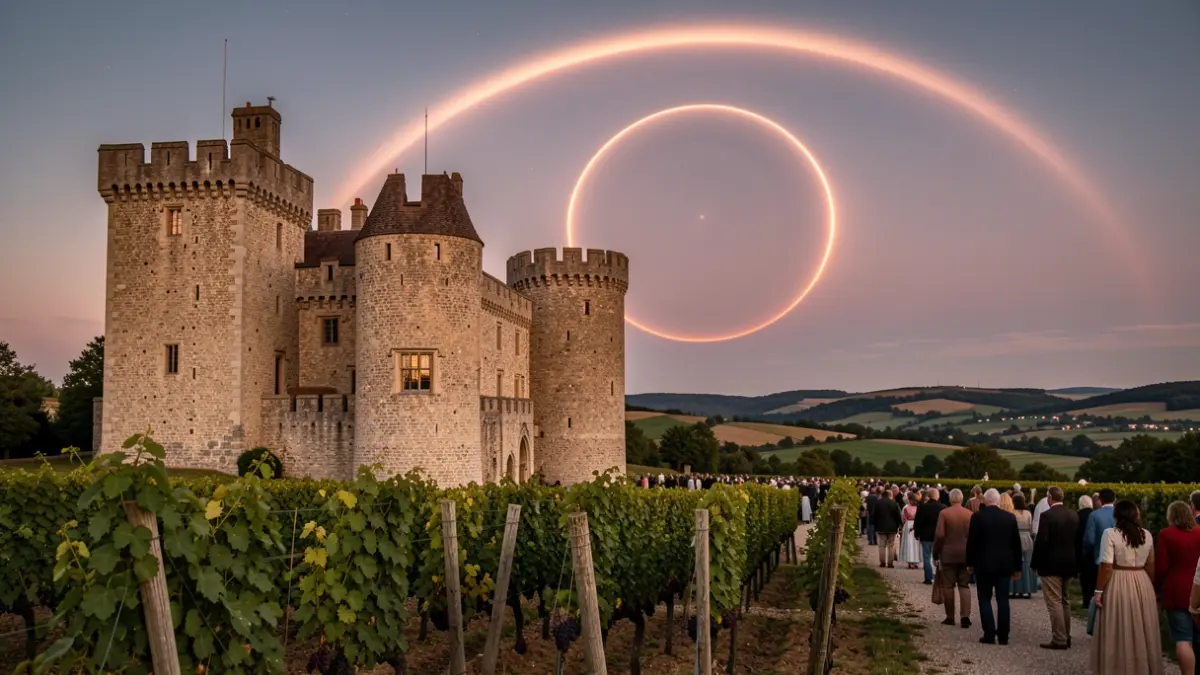 Imaxe dun castelo medieval con viñedos e un eclipse solar no ceo.