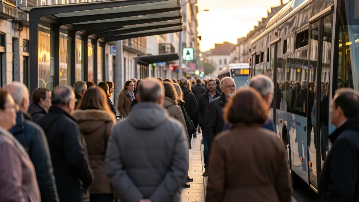 Imaxe dunha parada de autobús concorrida en A Coruña con xente e un autobús parcialmente visible, reflectindo o dispositivo especial de transporte.