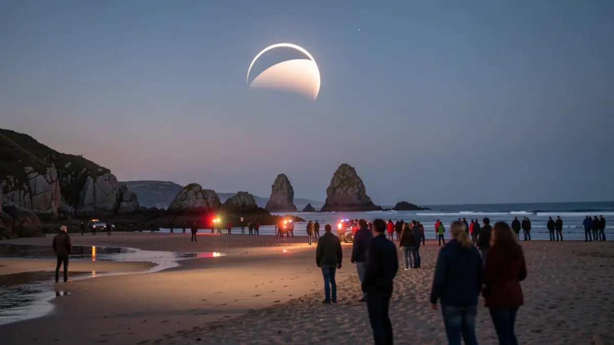 Imagen genérica de la playa de Las Catedrales al atardecer durante un eclipse solar, con gente observando con precaución.
