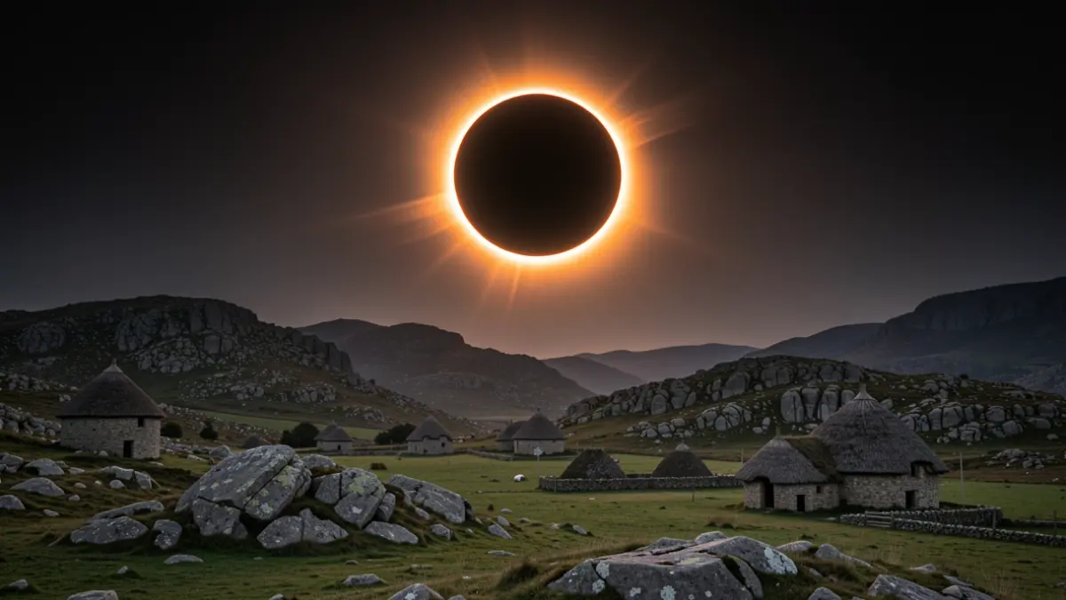 Imagen de un eclipse solar total sobre un paisaje gallego con hórreos y montañas.