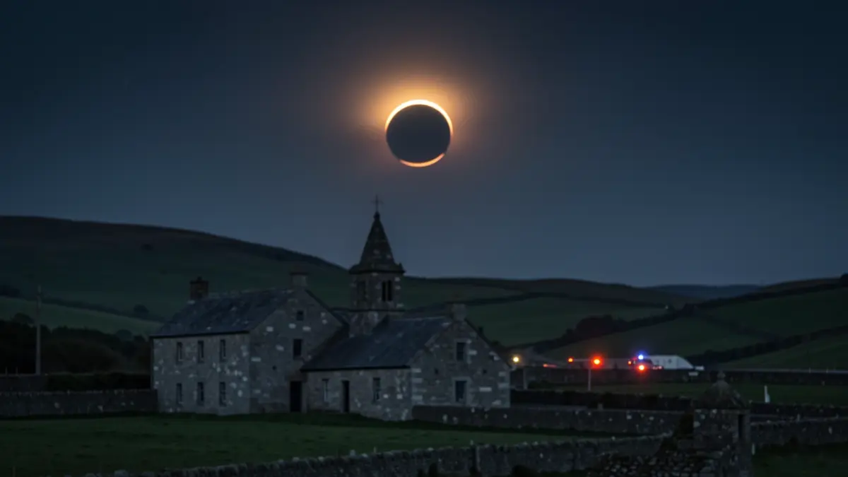 Imaxe dun eclipse solar sobre unha paisaxe galega con arquitectura de granito e colinas verdes.