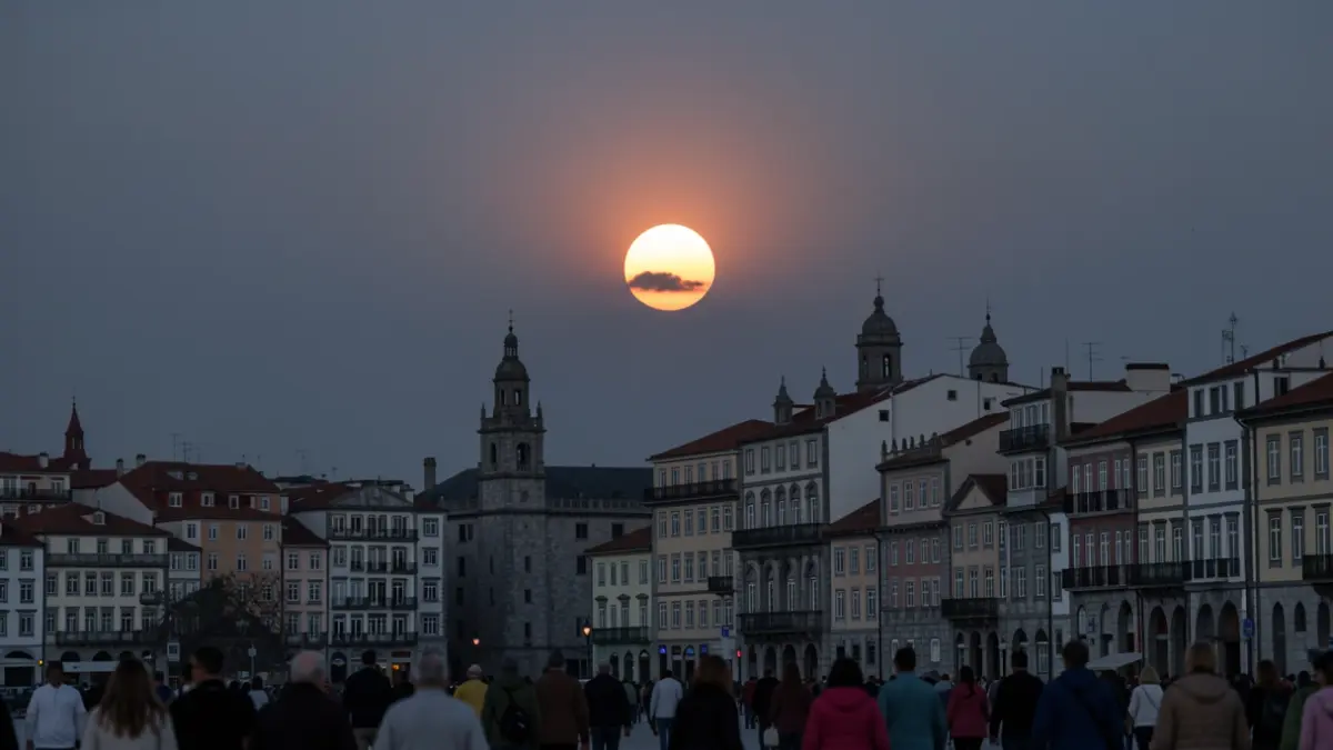 Imagen genérica de un eclipse solar parcial sobre la ciudad de Vigo, con arquitectura de granito y un cielo dramático.
