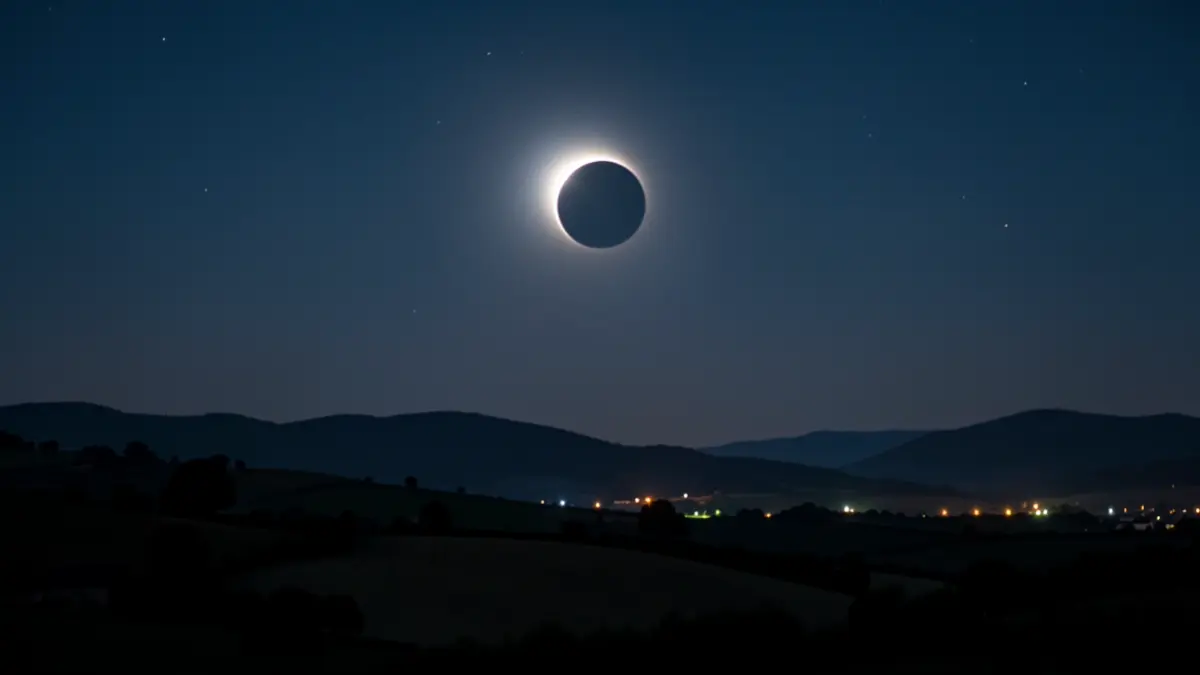 Imagen genérica de un eclipse solar sobre un paisaje gallego con montes y luces.