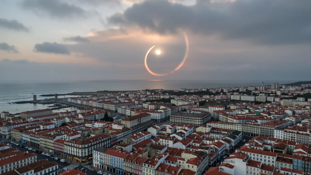 Vista aérea de A Coruña con el eclipse solar parcial en el cielo.