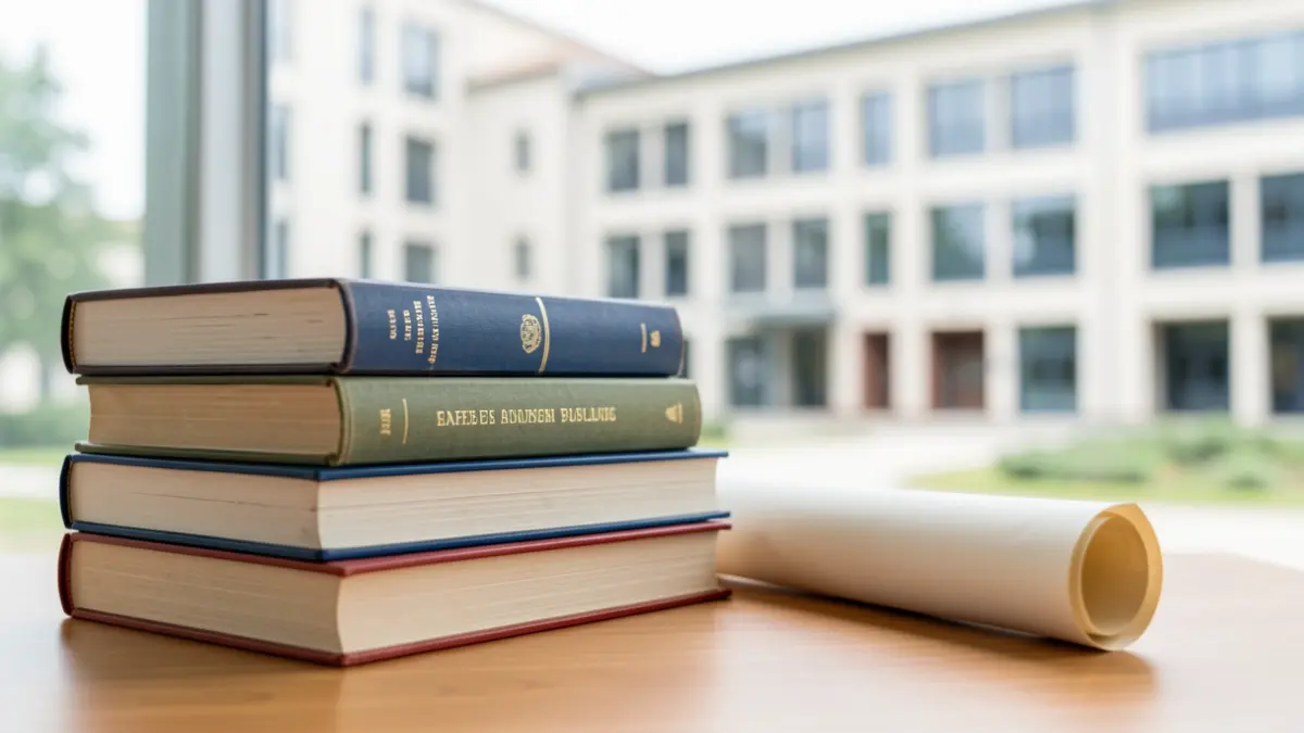 Imagen genérica de libros académicos y un diploma sobre una mesa.