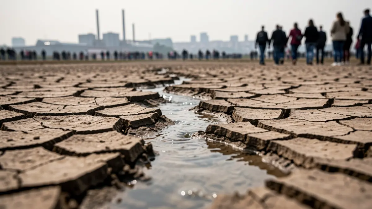 Primer plano de un lecho de río seco con un pequeño hilo de agua, simbolizando bajos niveles de agua, con una fábrica y una ciudad al fondo.