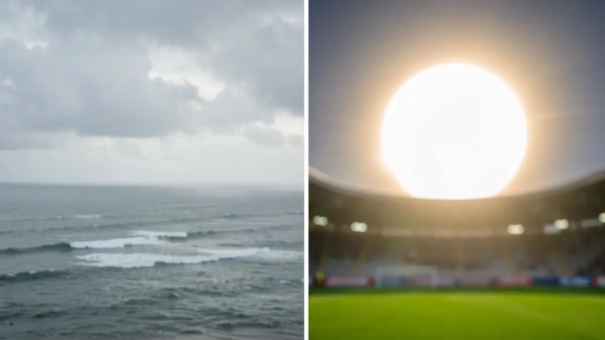 Imagen dividida: cielo nublado con niebla costera y sol con efecto de eclipse. Primer plano de un campo de fútbol.