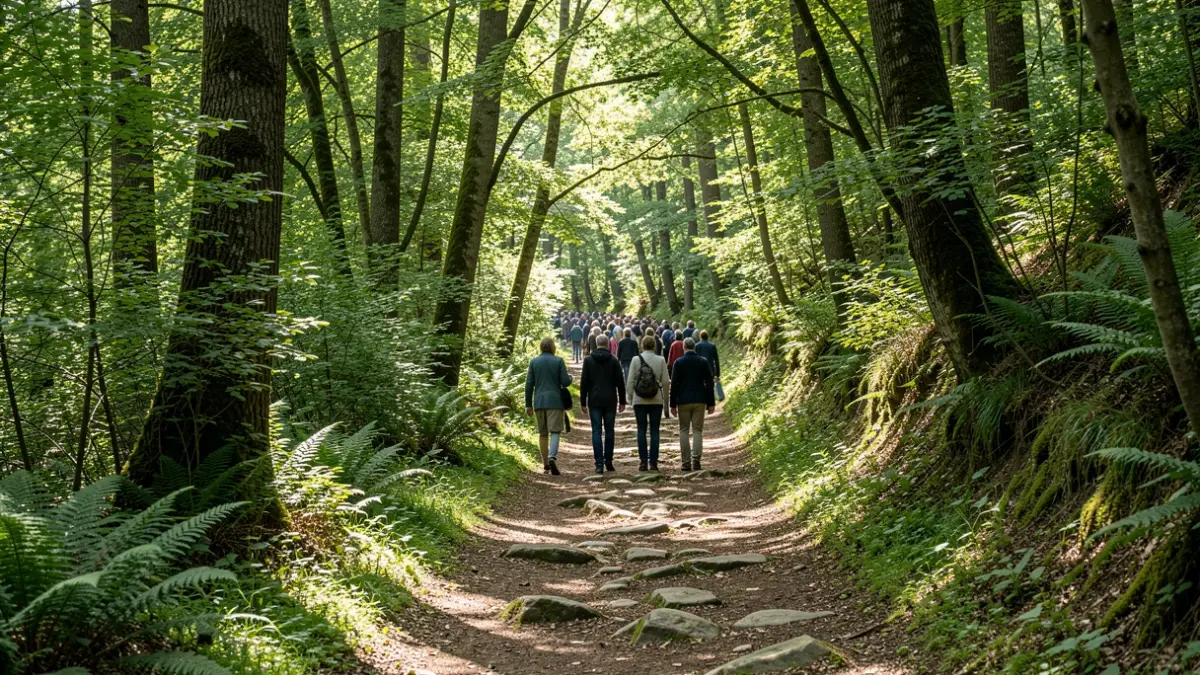 Imagen genérica de un sendero frondoso en un bosque gallego con luz solar filtrada.