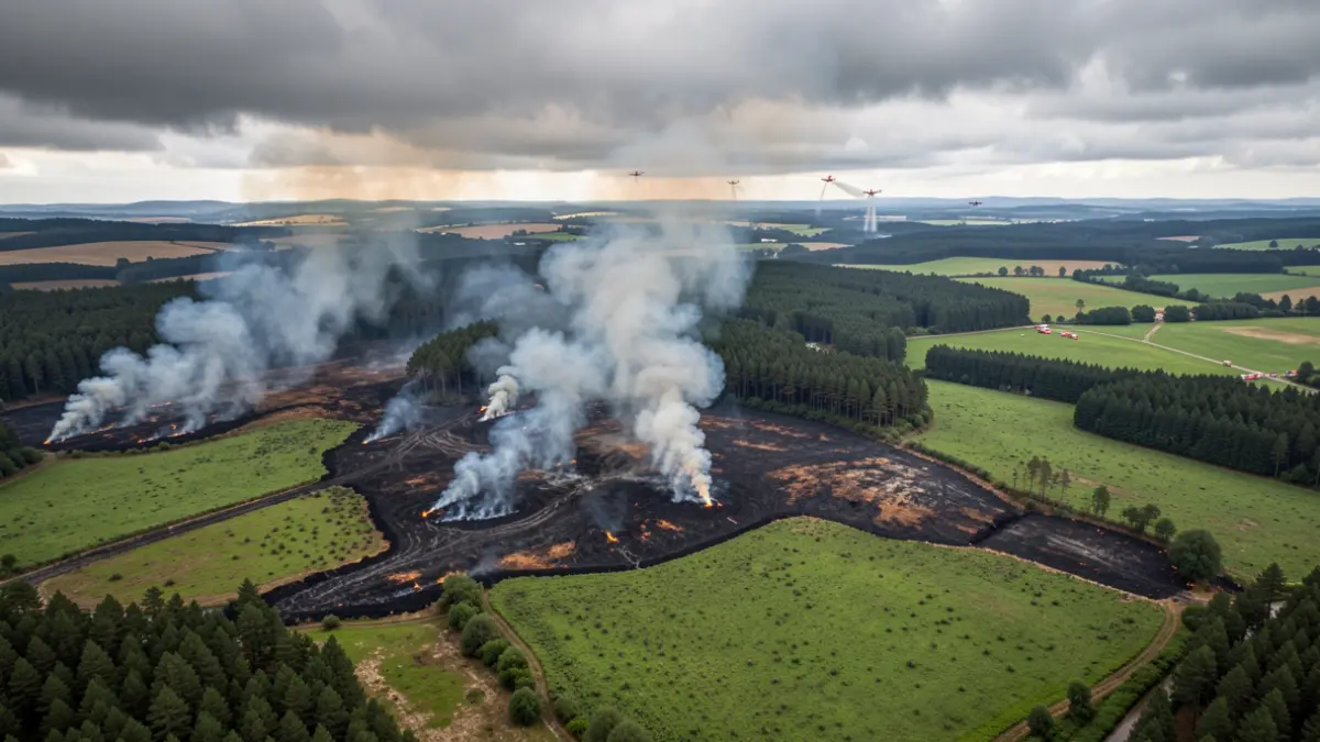Imaxe aérea dun incendio forestal en Galicia con fume ascendendo de zonas queimadas e avións de emerxencia.