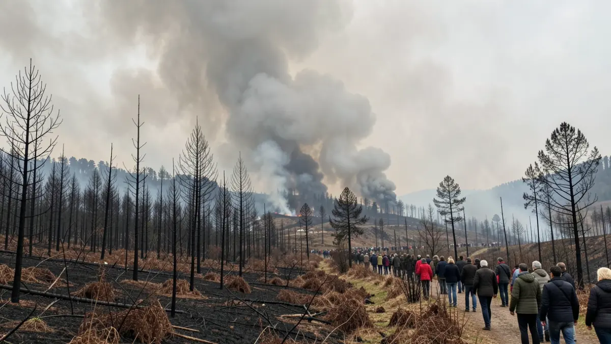Imaxe xenérica de lume forestal en Galicia con fume gris ascendendo cara a un ceo anubrado.
