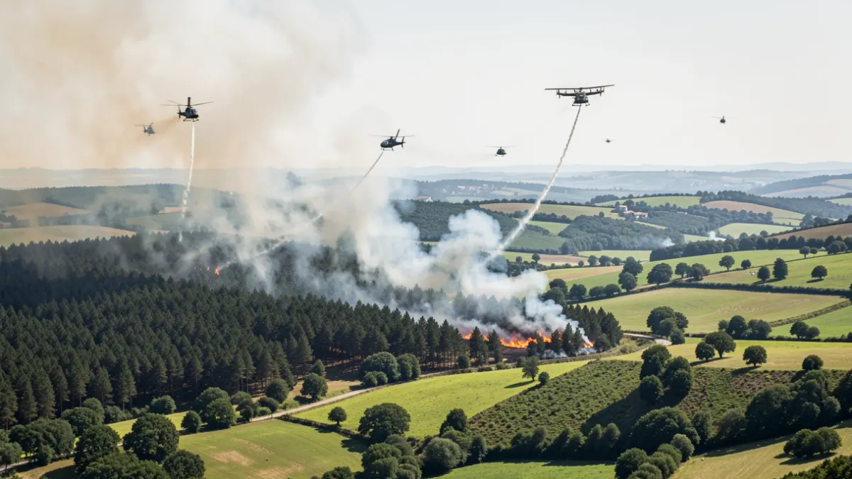 Vista aérea de un incendio forestal en Galicia con helicópteros y aviones trabajando.
