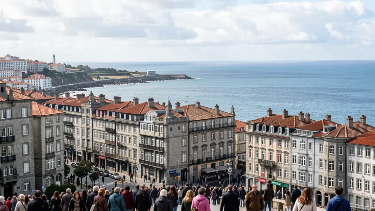 Imagen genérica de una calle de Vigo con edificios de granito y el mar al fondo.