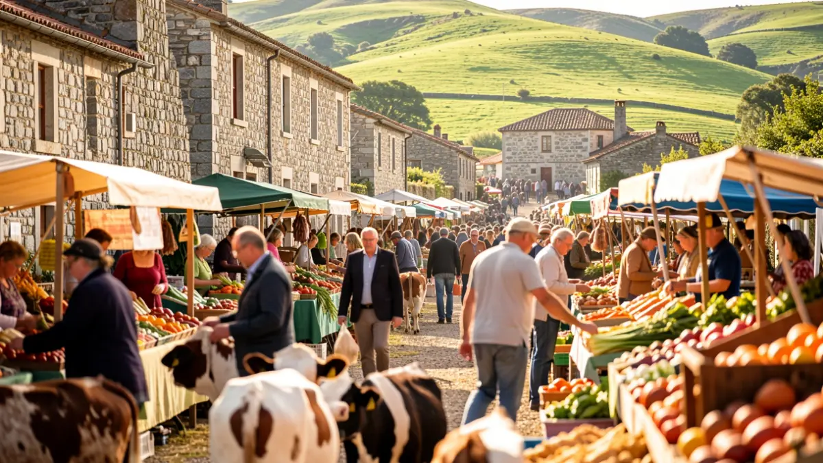 Imagen genérica de una feria ganadera en Galicia con gente y animales.