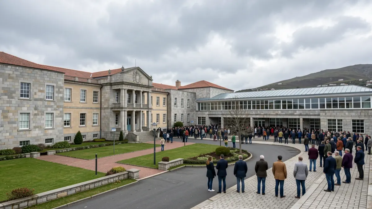 Imagen genérica de la Universidade da Coruña con arquitectura de granito bajo un cielo nublado del Atlántico.