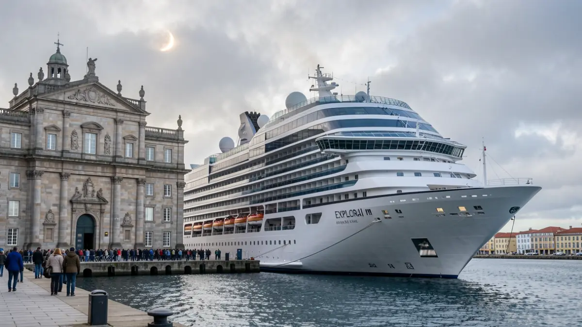 Imagen genérica de un crucero de lujo atracado en un puerto gallego con edificios institucionales al fondo.