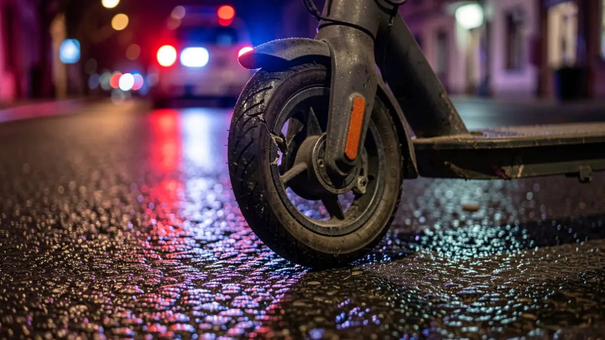 Primer plano de una rueda de patinete eléctrico dañada en la calle por la noche, con luces de emergencia.