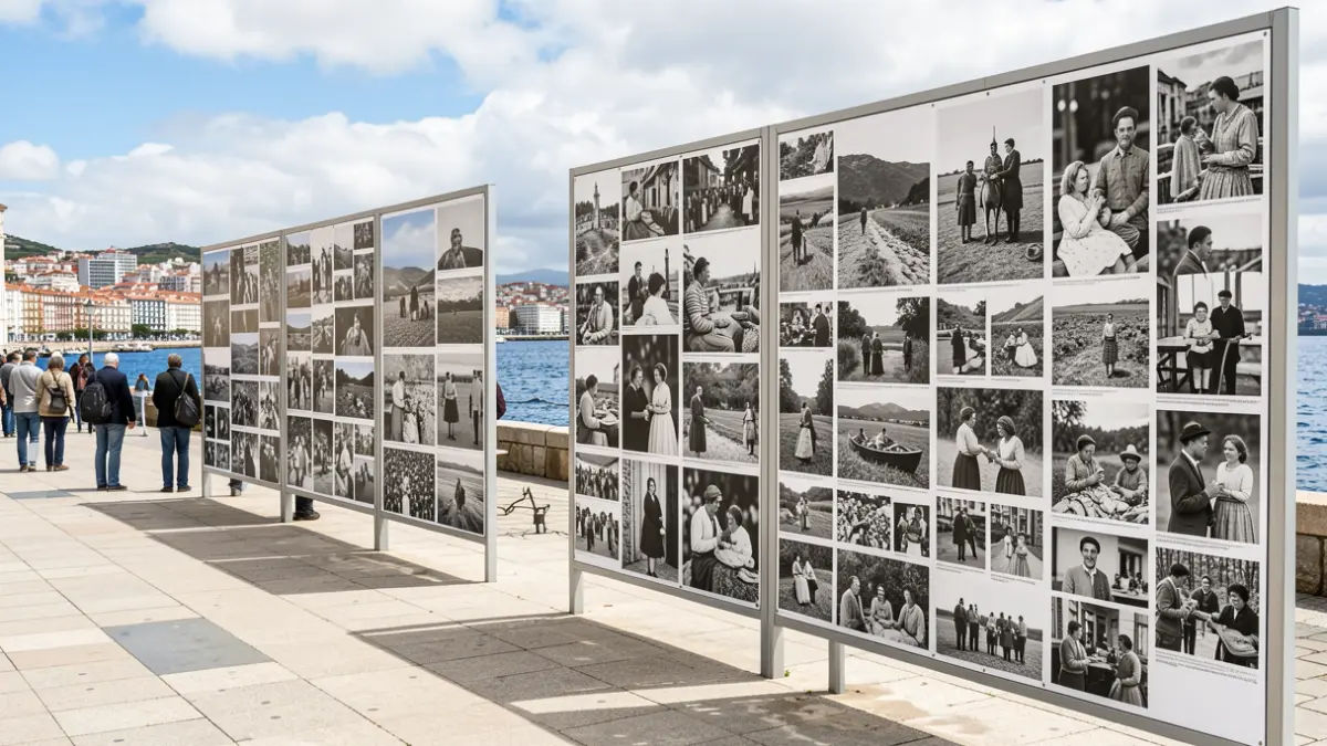 Imaxe dunha exposición fotográfica ao aire libre en A Coruña, con paneis mostrando imaxes en branco e negro da vida galega.