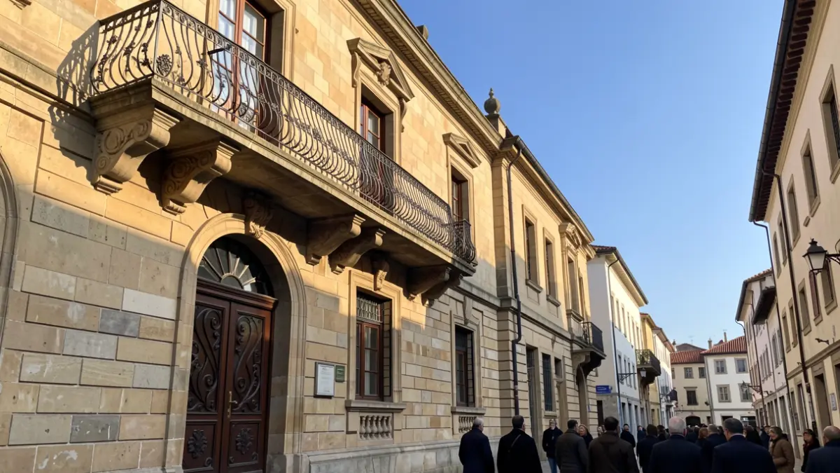Imaxe xenérica dun concello de pedra galego con balcón ornamentado e raís de ferro, luz solar cálida da tarde, ceo azul.