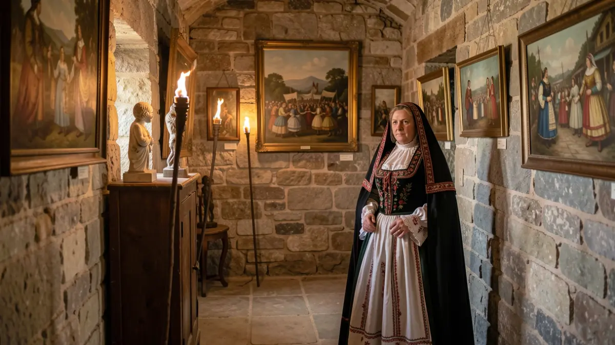 Interior dunha antiga cela de prisión en Galicia, muros de pedra, un traxe tradicional de meiga e unha antiga antorcha expostos, con pinturas e esculturas dun festival local visibles, luz ambiente suave.