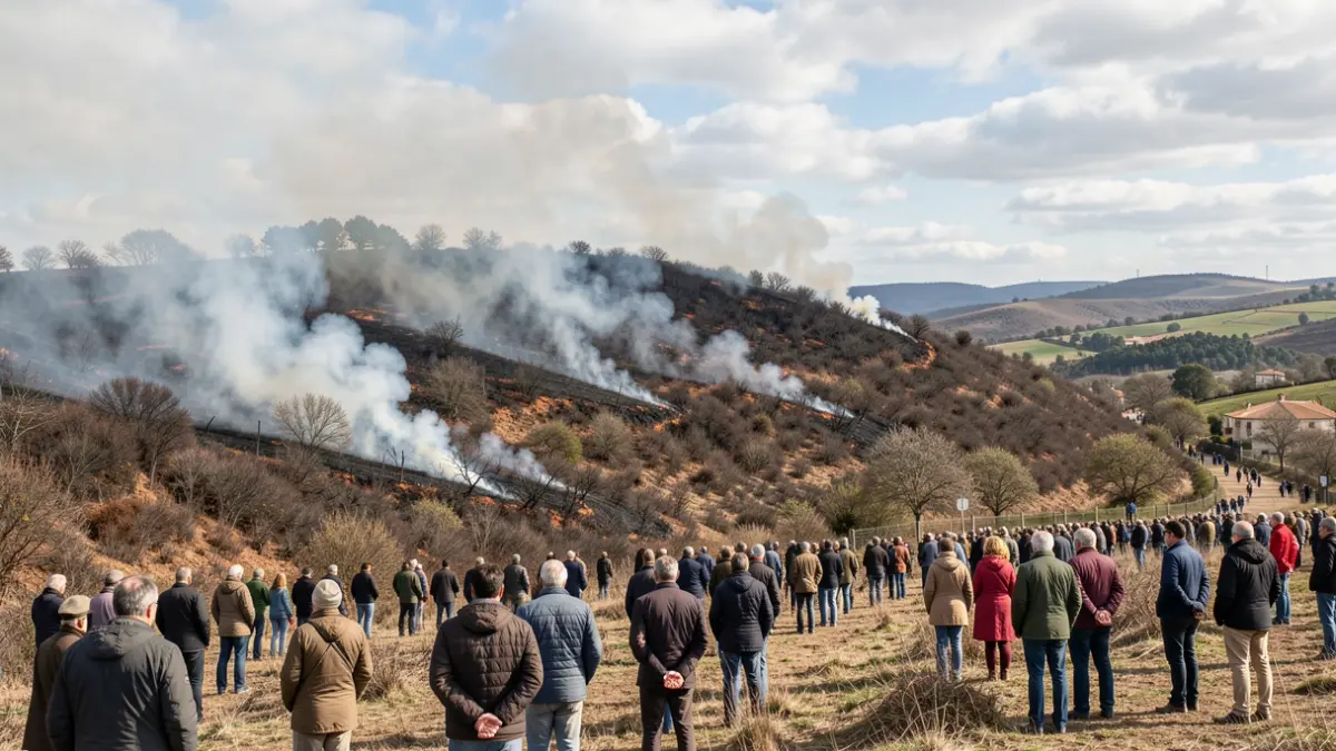 Imaxe xenérica dun lume forestal controlado en Galicia, con fume ascendendo dende unha ladeira de monte raso.