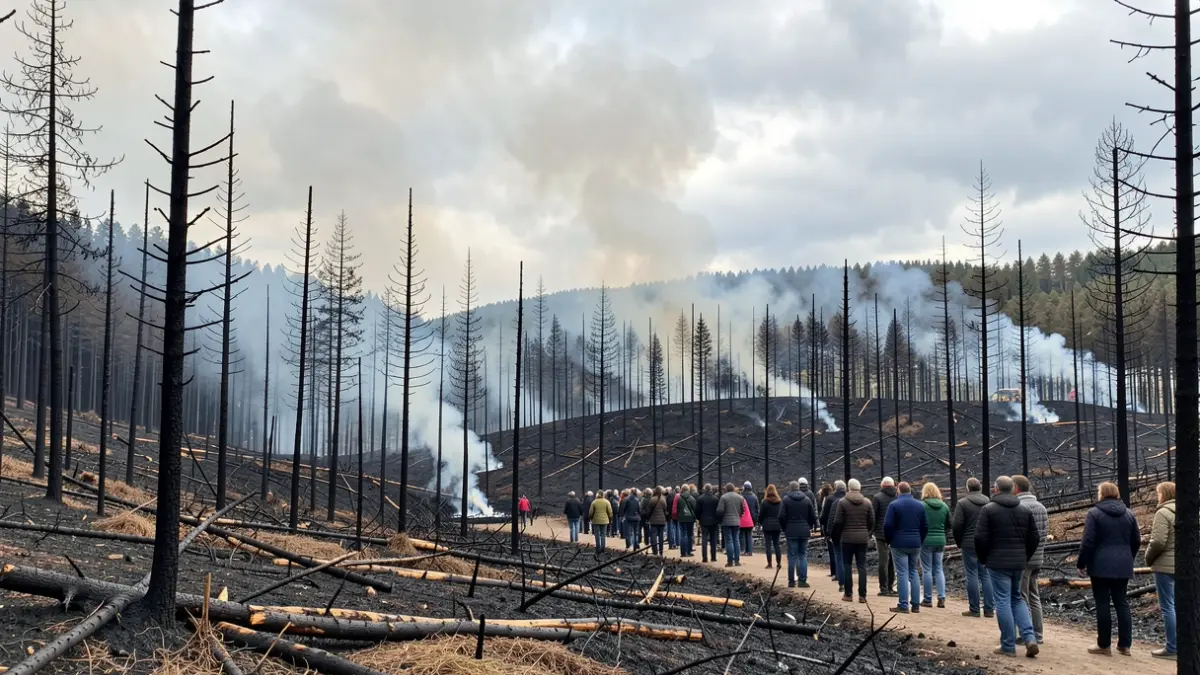 Imaxe xenérica de incendio forestal en Galicia, con árbores calcinadas e fume.