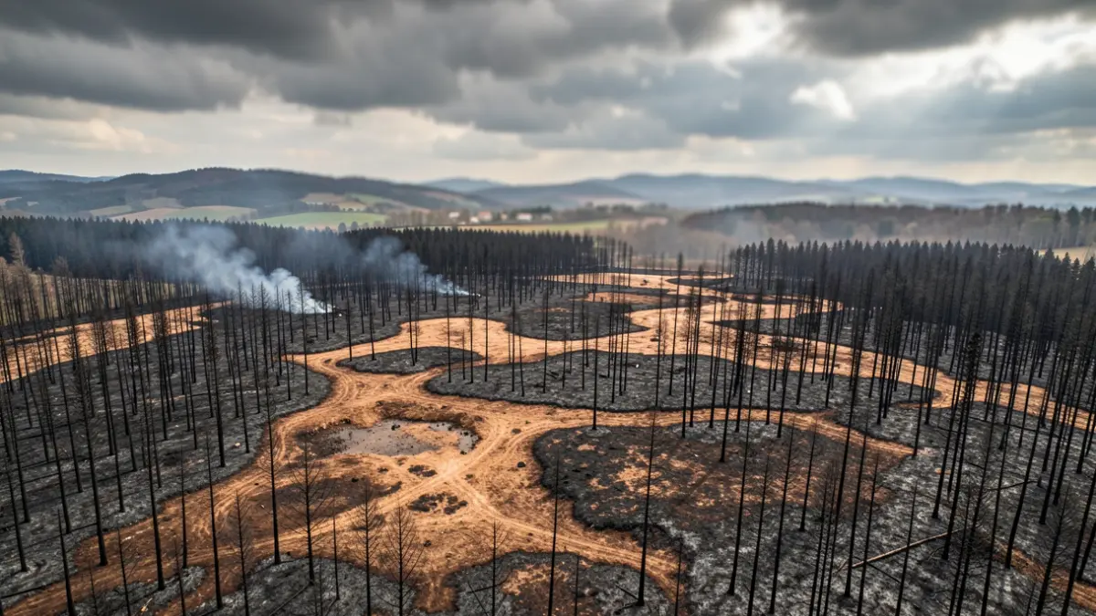 Imaxe xenérica de incendio forestal en Galicia con terreo queimado e árbores carbonizadas.
